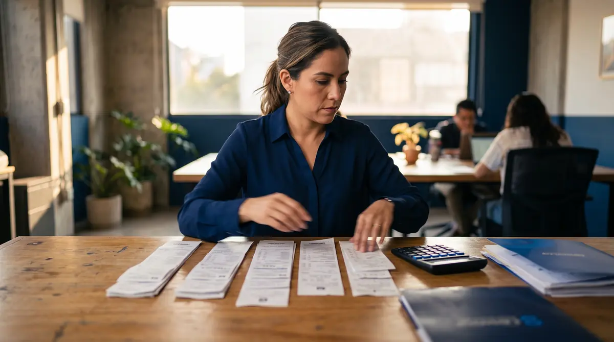Mujer organizando tickets y facturas de gastos con una calculadora, sobre cómo deducir la gasolina ante el SAT con CFDI y pago con tarjeta