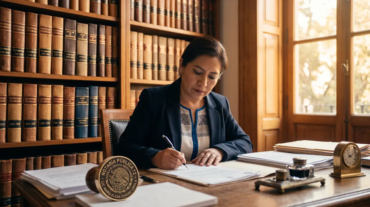 Notaria pública firmando y sellando una escritura de compraventa, momento en que se calcula y entera el pago provisional del ISR por venta de inmueble conforme al artículo 126 de la LISR